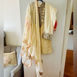 Elegant Cream and Gold Embroidered Suit 3 piece Indian Pakistani